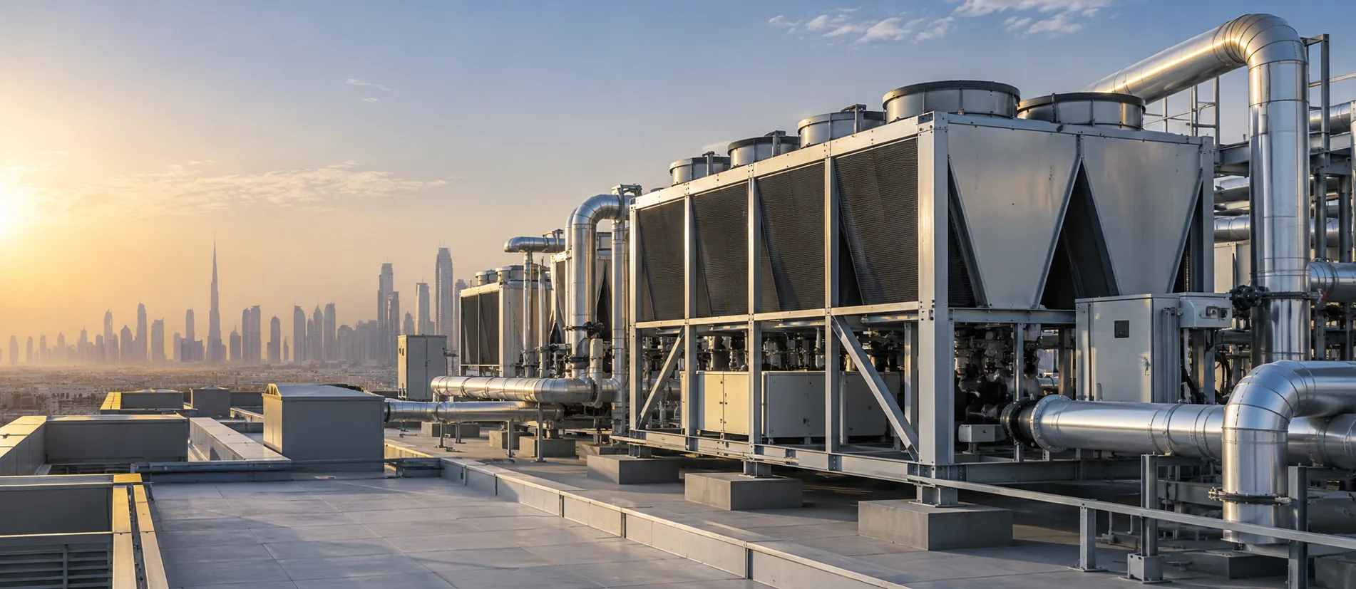 Rooftop cooling equipment and insulated pipework above a modern UAE city